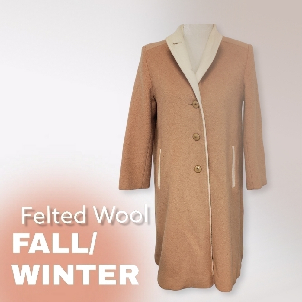 VINTAGE 90s Felted Wool Coat Med.  Camel & Cream Midi Length GUC